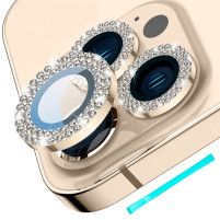 Модерни стъклени ринг протектори за обективите на камерата на Apple iPhone 14 Pro Max 6.7 златисти с камъни